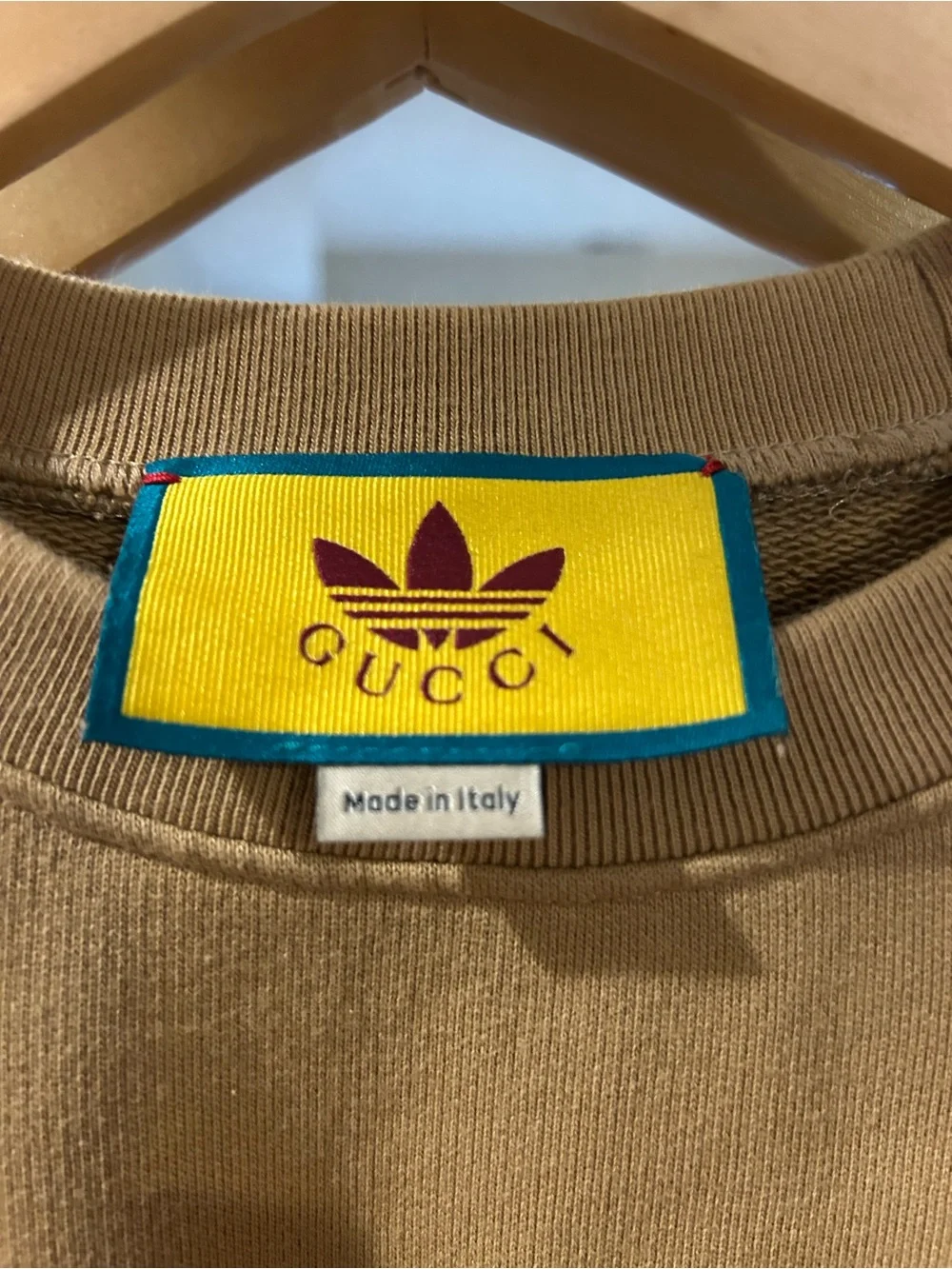 Gucci Tan Crewneck Sweater with Red Logo and Red/Green Sleeve Stripes